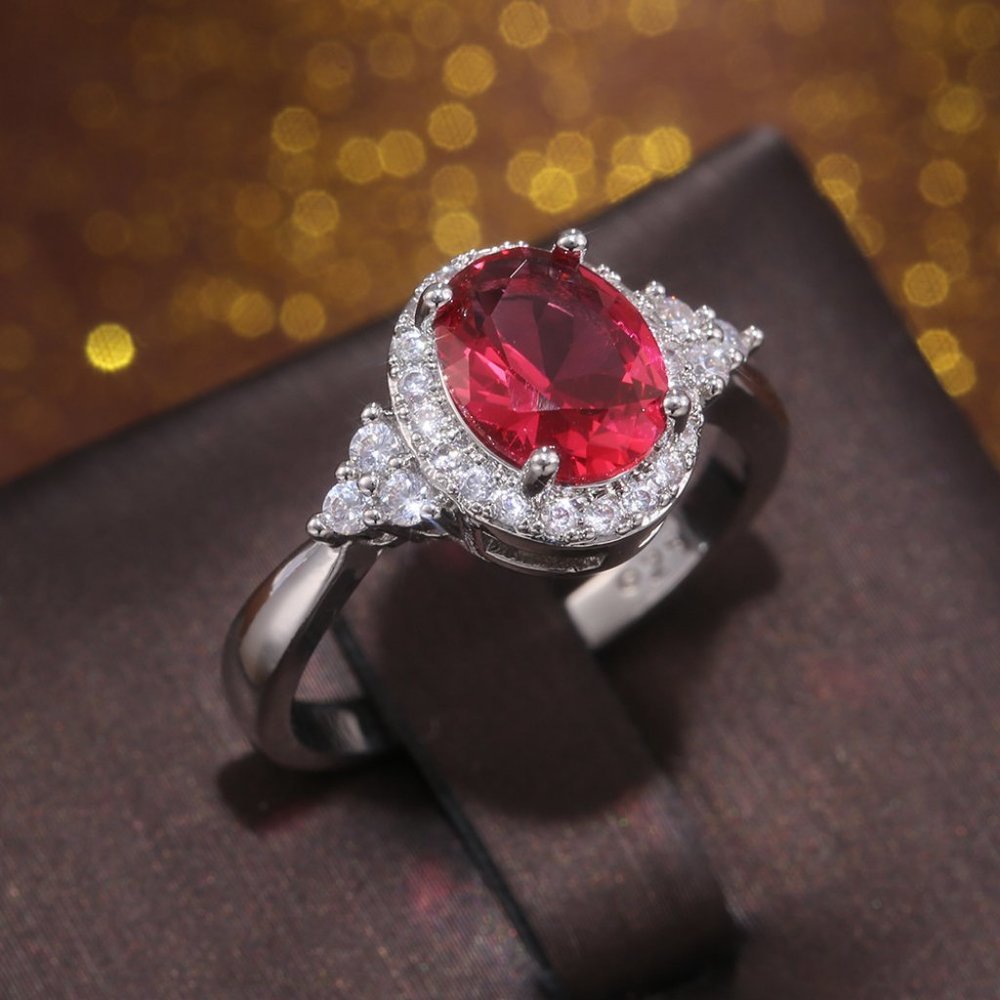 NEW Silver Oval Ruby Round Diamond Halo Ring - Picture 4 of 7